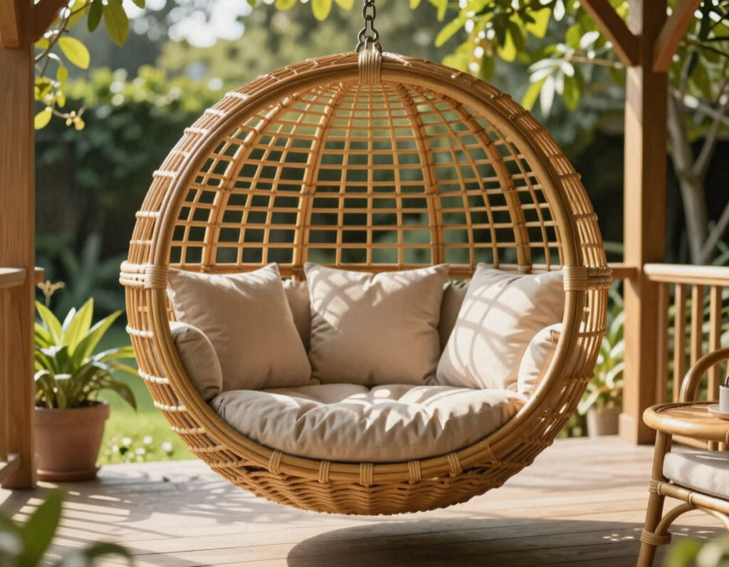 Подвесное ротанговое гнездо с outdoor-подушками на террасе